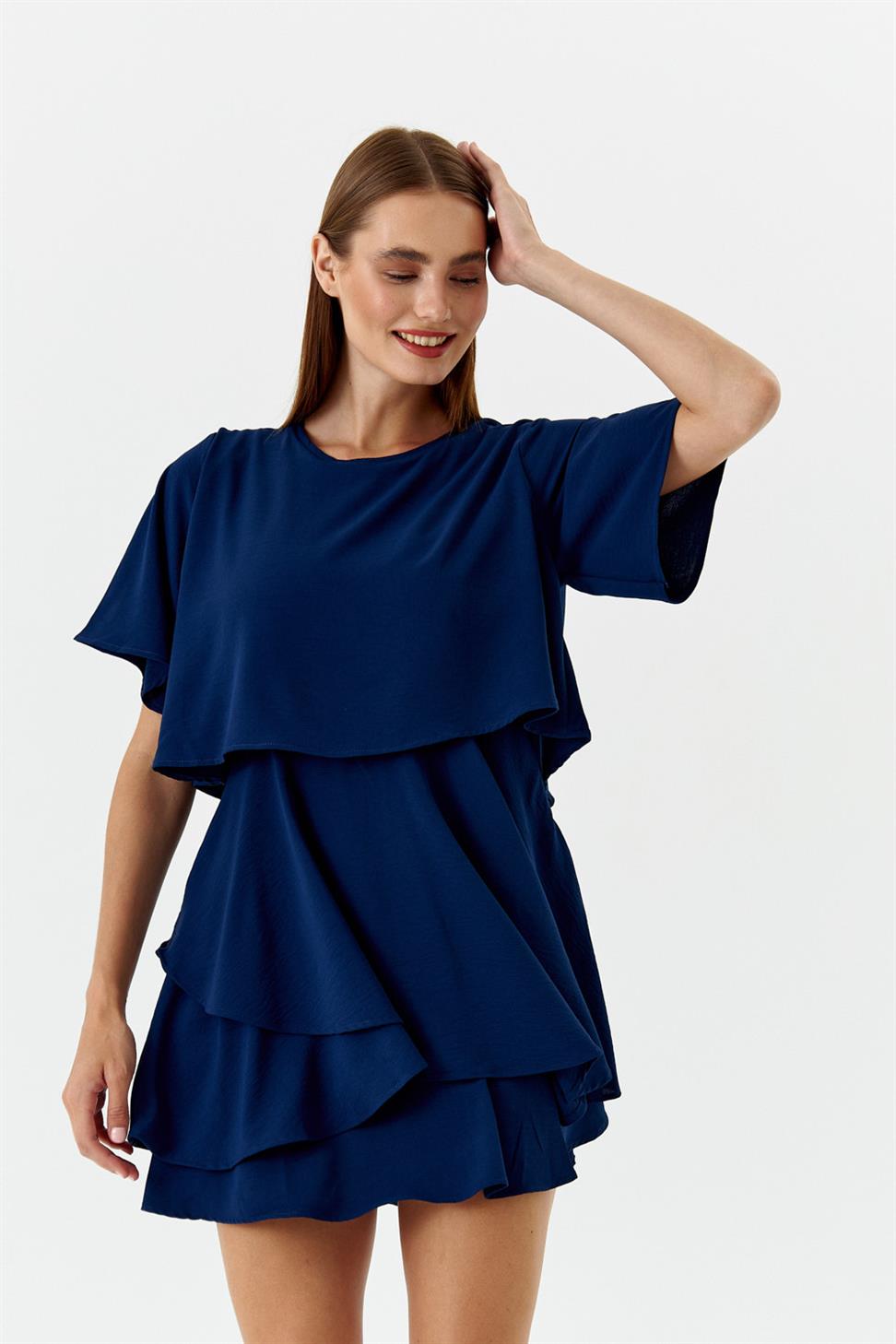 Pelerin Detaylı Volanlı Lacivert Mini Elbise Tuba Butik