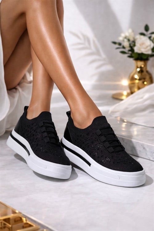 Napol Kristal Taşlı Gizli Topuk Triko Spor Ayakkabı Siyah - Spor Ayakkabı