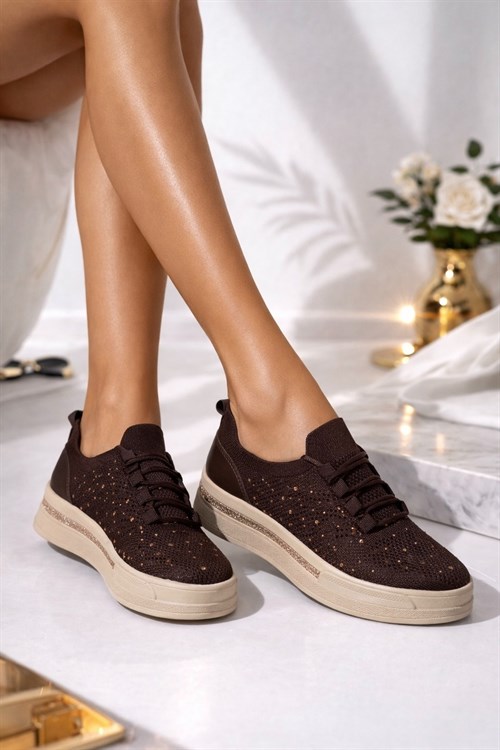Napol Kristal Taşlı Gizli Topuk Triko Spor Ayakkabı Kahverengi - Spor Ayakkabı