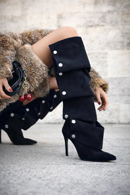 Valancia Süet İnce Topuklu Çizme Siyah - Topuklu Çizme