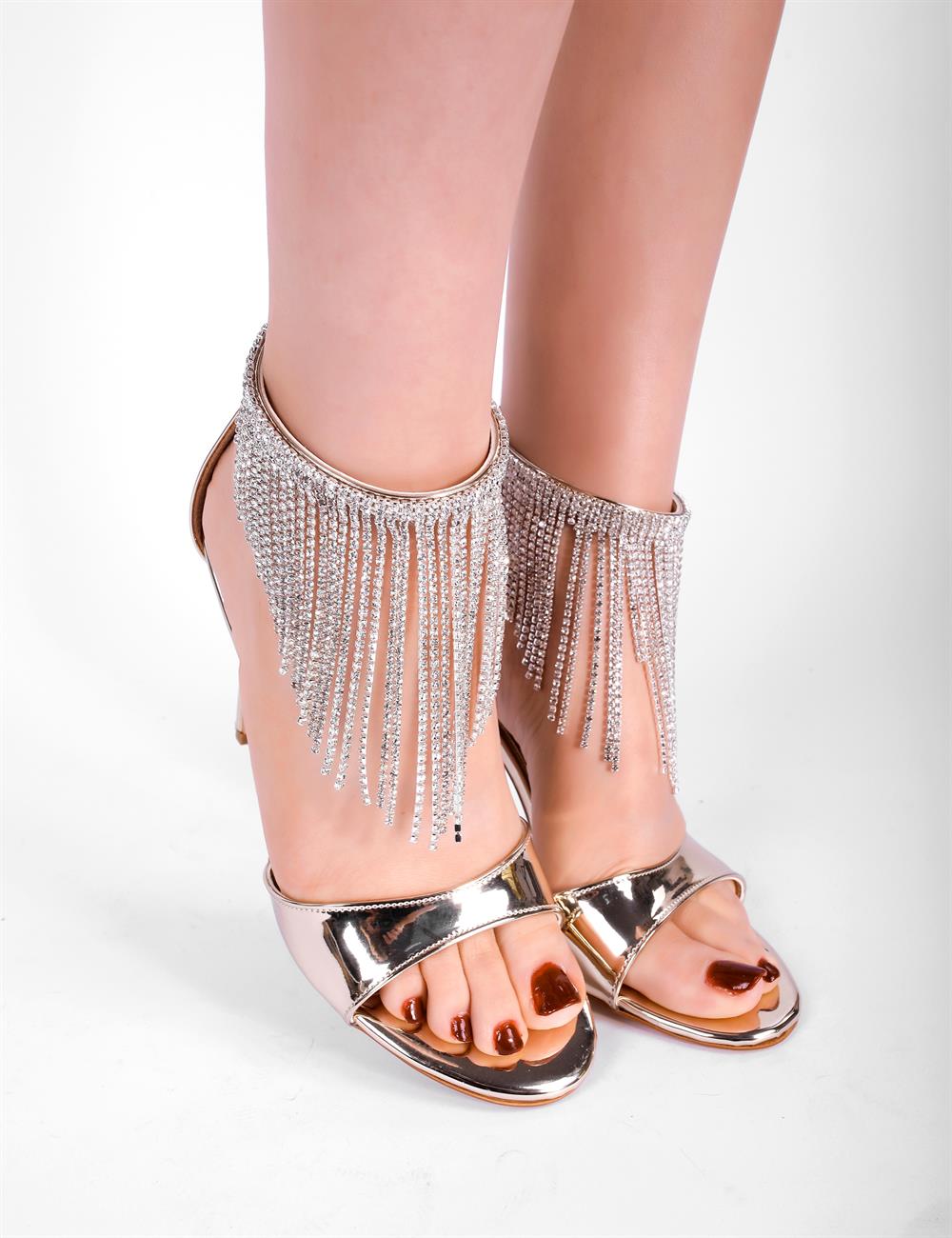 Fenny Kristal Taşlı Topuklu Ayakkabı Gold - Kadın Ayakkabı