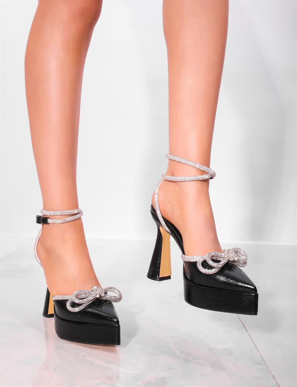 Rose Kristal Taşlı Topuklu Siyah - Kadın Ayakkabı