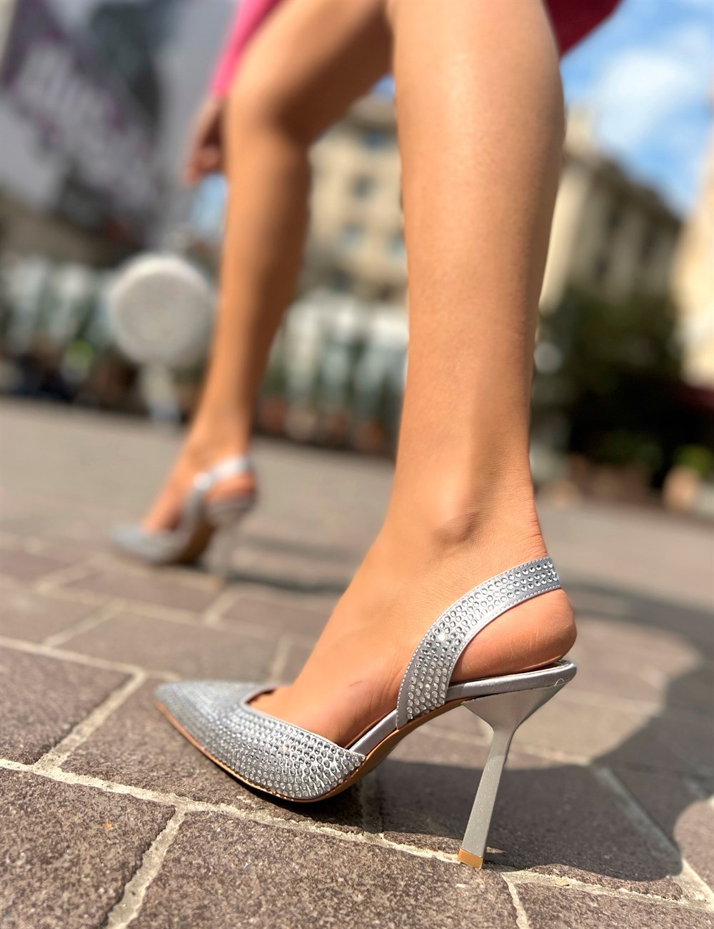Show Line Gümüş Kristal Taşlı Kadın Stiletto Ayakkabı - Kadın Ayakkabı