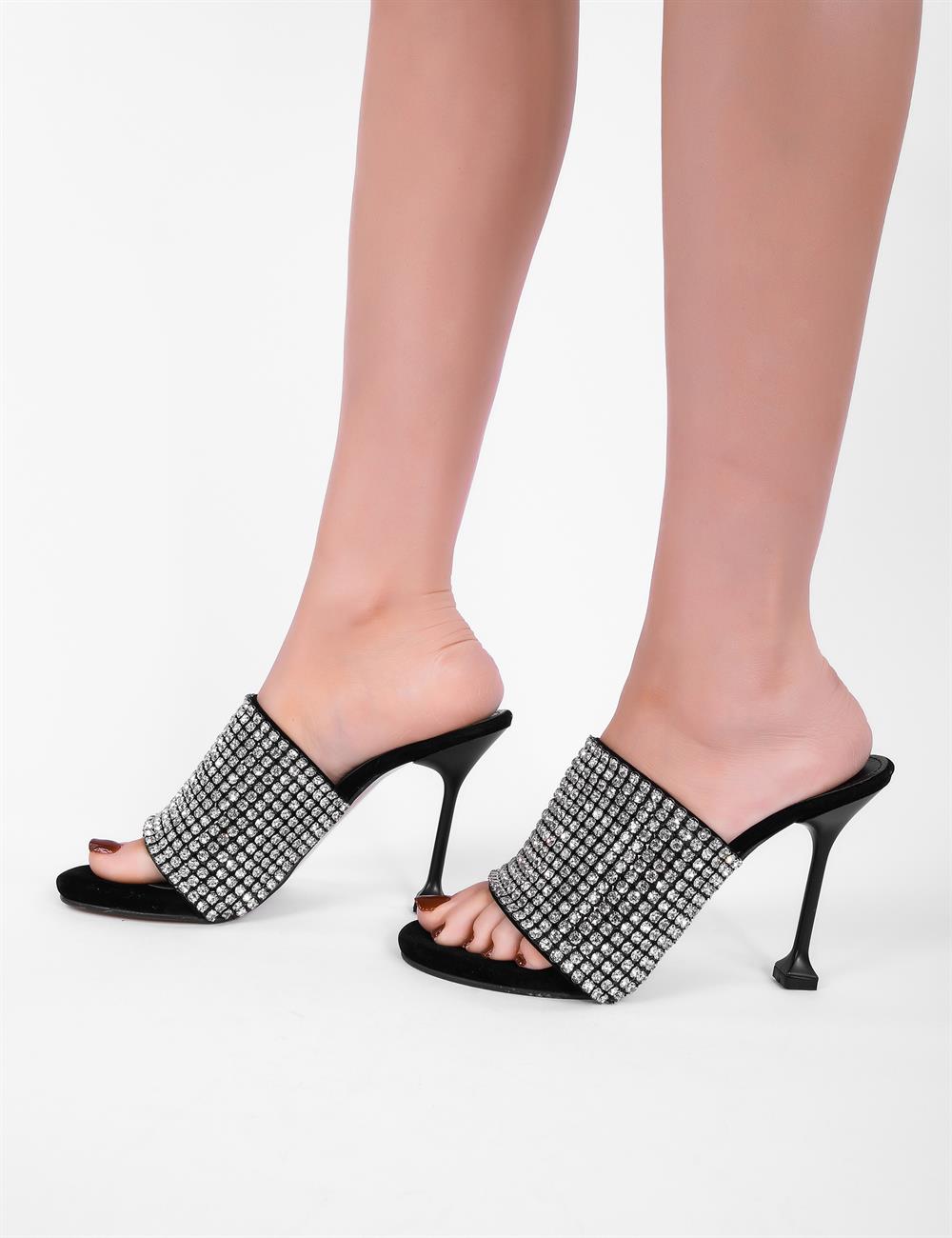 Style Fashion Kristal Taşlı Topuklu Kadın Ayakkabı Siyah - KADIN AYAKKABI