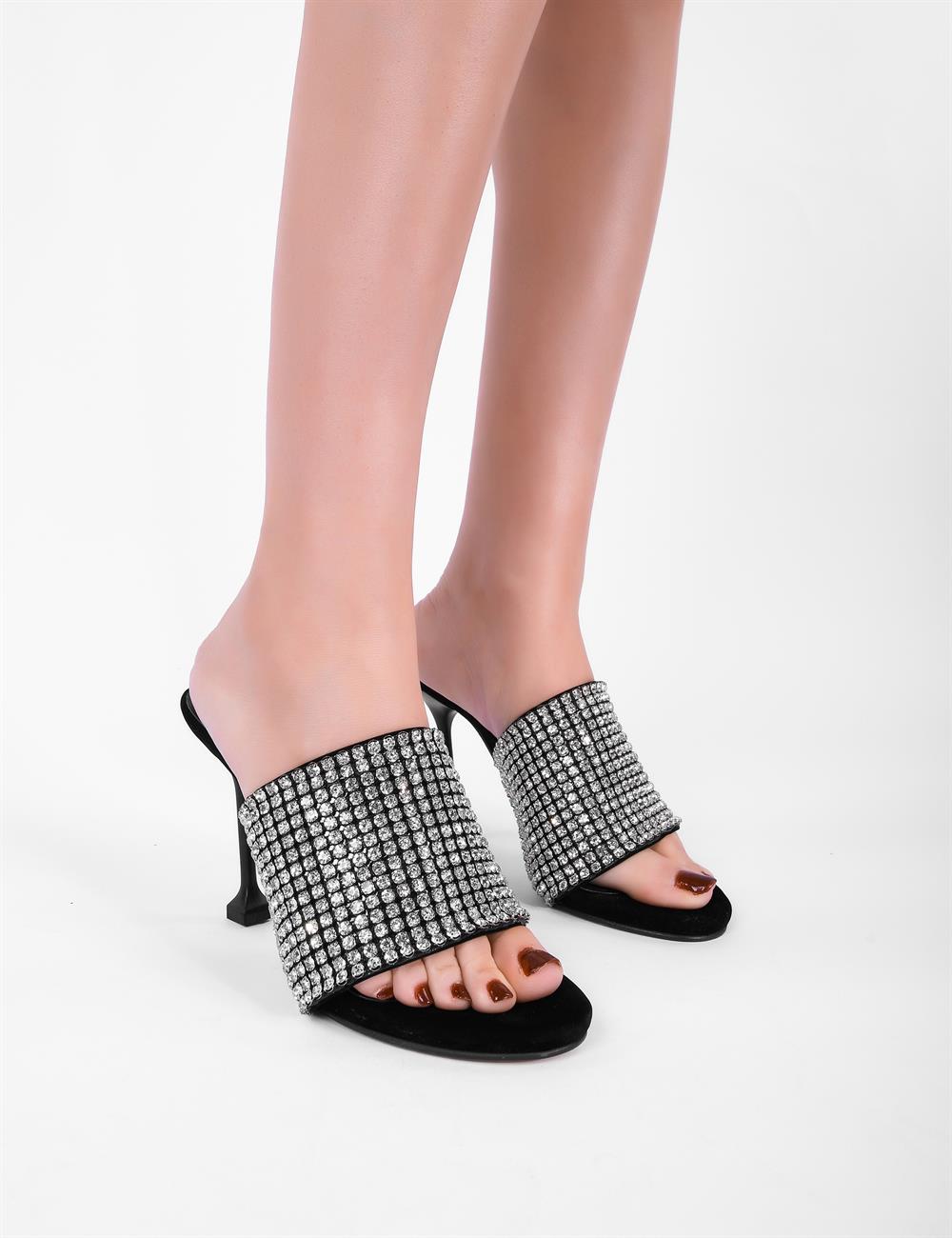 Style Fashion Kristal Taşlı Topuklu Kadın Ayakkabı Siyah - KADIN AYAKKABI