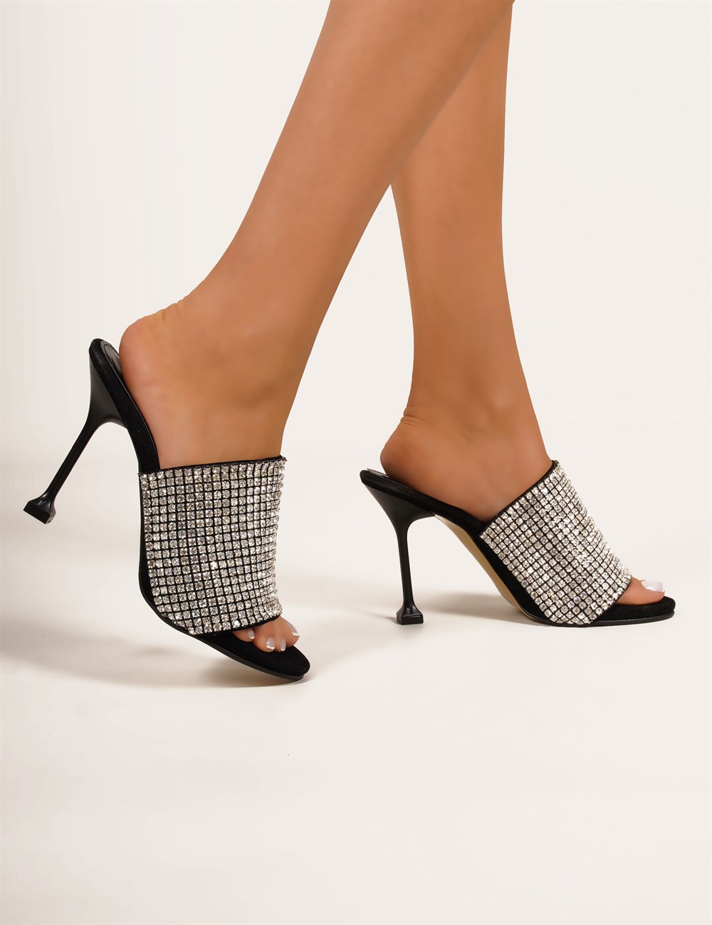 Style Fashion Kristal Taşlı Topuklu Kadın Ayakkabı Siyah - Kadın Ayakkabı