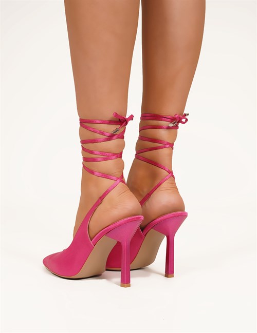 Influnce Bağcıklı Saten Stiletto Fuşya - Kadın Ayakkabı