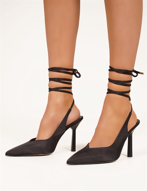 Influnce Bağcıklı Saten Stiletto Siyah - Kadın Ayakkabı