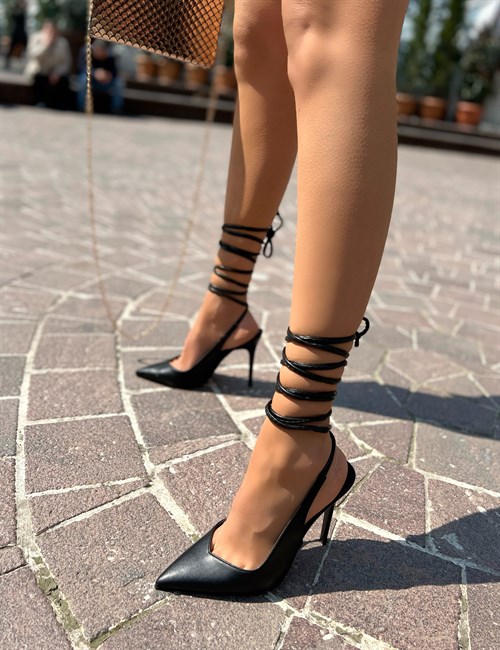 Influnce Deri Bağcıklı Stiletto Siyah - Kadın Ayakkabı