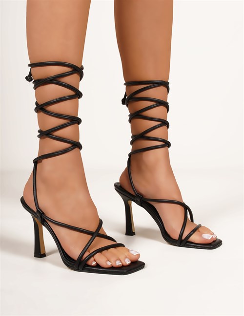 Megan Deri Bağcık Detaylı Topuklu Ayakkabı Siyah - Kadın Ayakkabı
