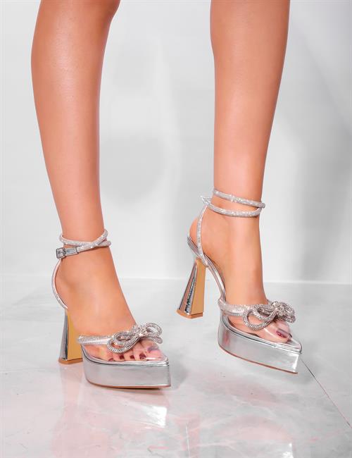 Rose Kristal Taşlı Topuklu Gümüş - Kadın Ayakkabı