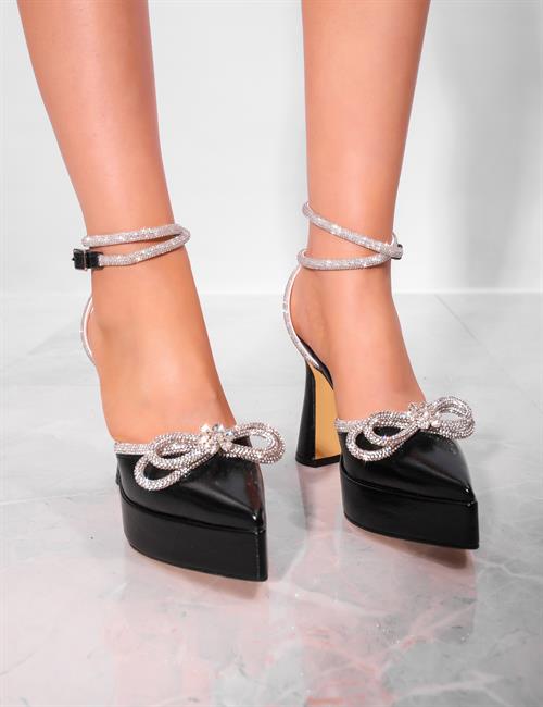Rose Kristal Taşlı Topuklu Siyah - Kadın Ayakkabı