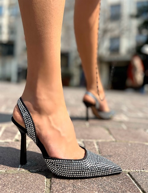 Show Line Siyah Kristal Taşlı Kadın Stiletto Ayakkabı - Kadın Ayakkabı