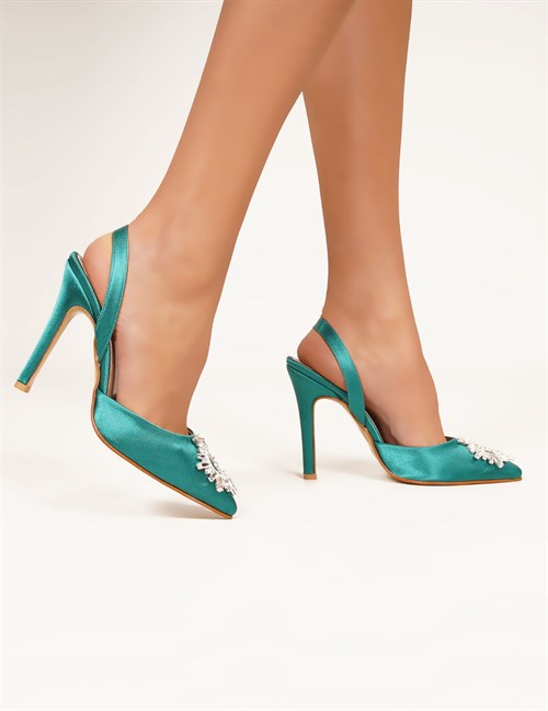 Sindrella Kristal Taşlı Topuklu Stiletto Mint Yeşil - Kadın Ayakkabı