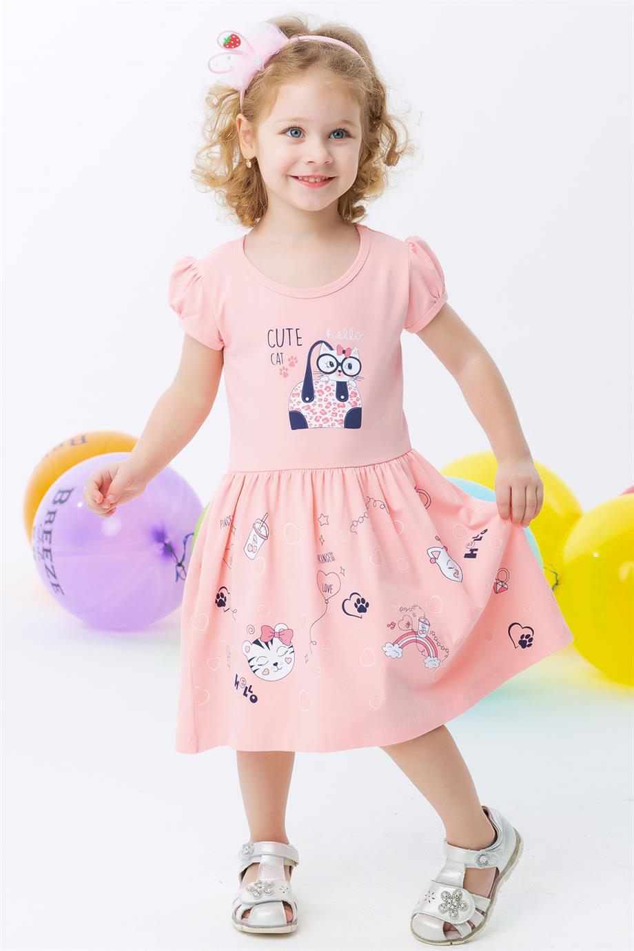 Kız Çocuk Elbise Kedi Baskılı Somon 1.5-5 Yaş - Yazlık Elbiseler | Breeze