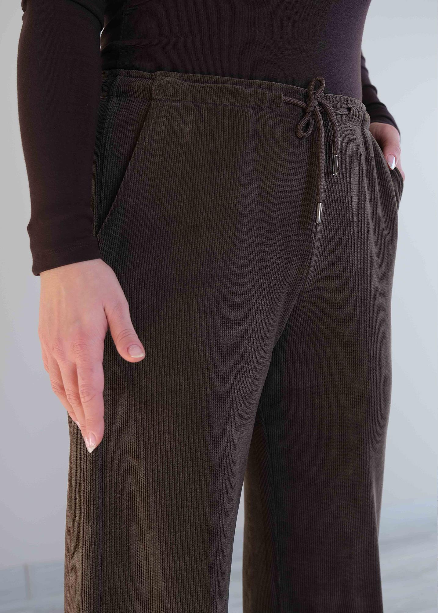 Beli Lastikli Fitilli Kadife Bol Paça Pantolon Kahve