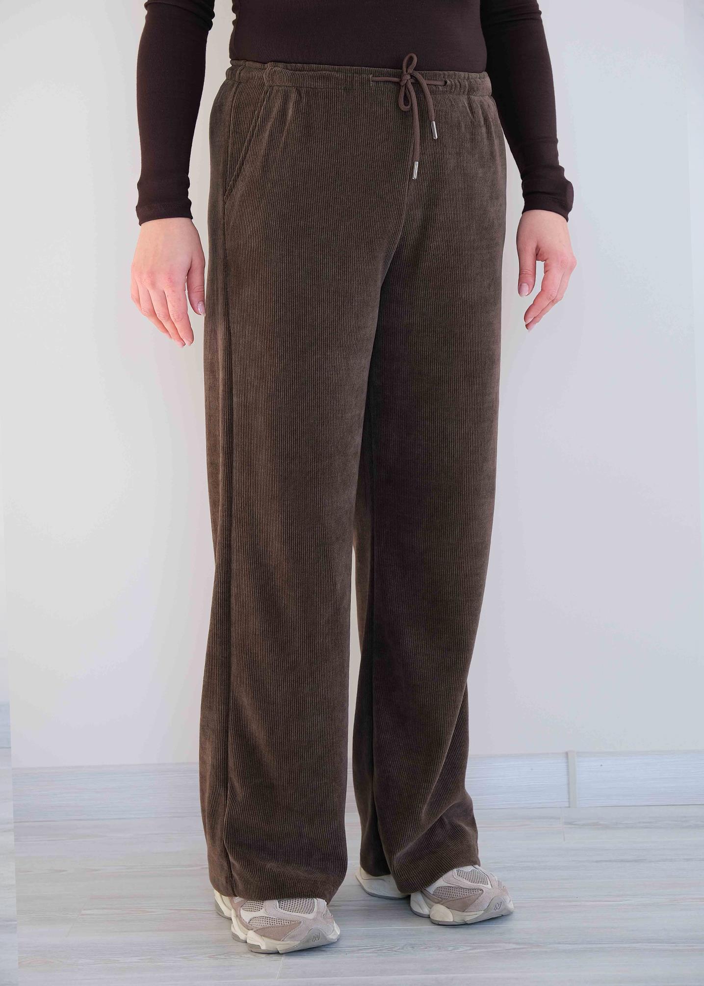 Beli Lastikli Fitilli Kadife Bol Paça Pantolon Kahve