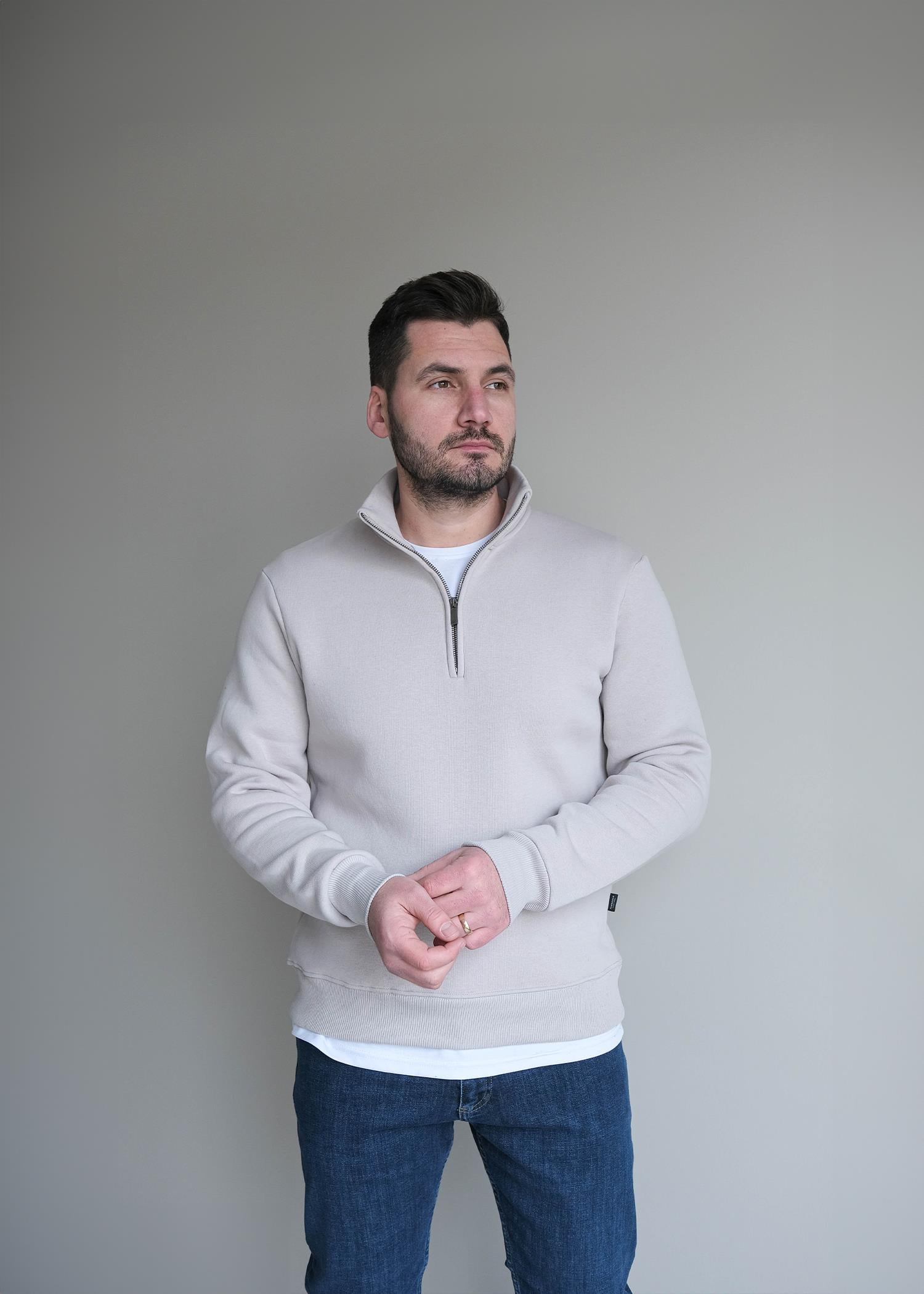 Erkek Yarım Fermuarlı 3 İplik Sweat 931FA25K Taş