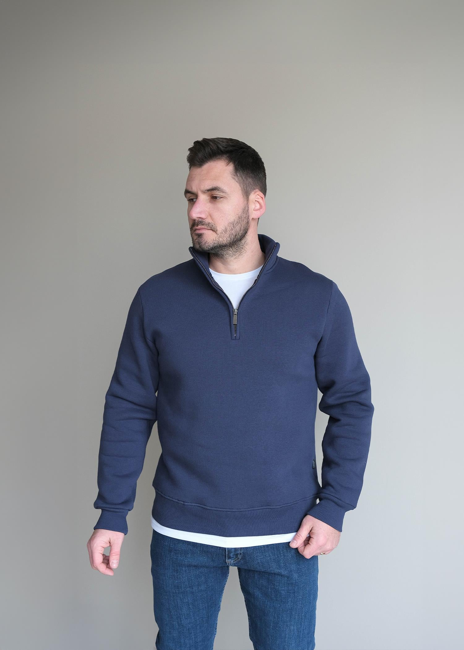Erkek Yarım Fermuarlı 3 İplik Sweat 931FA25K Kömür Mavi