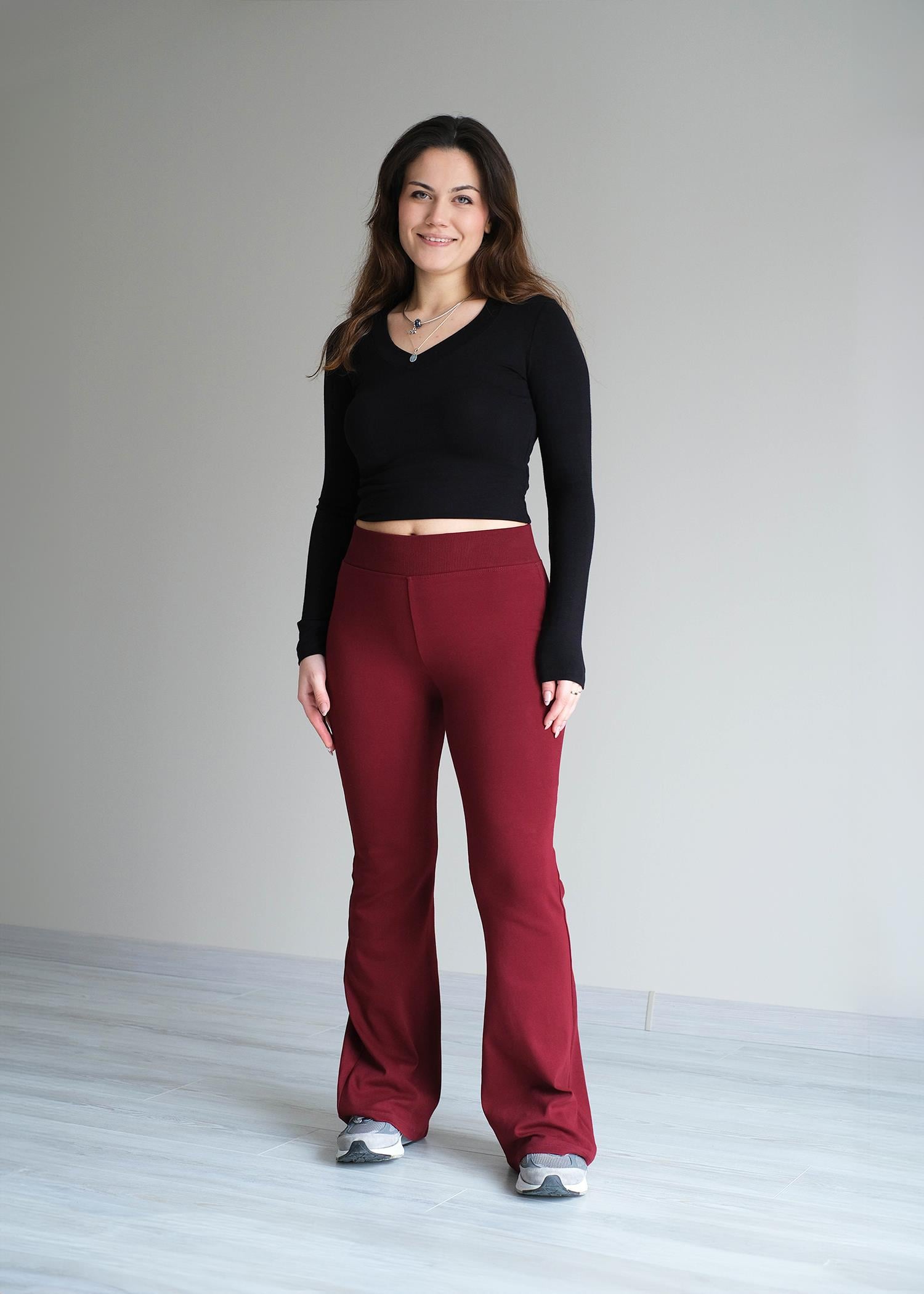 İspanyol Paça Beli Geniş Lastikli Penye Tayt Bordo