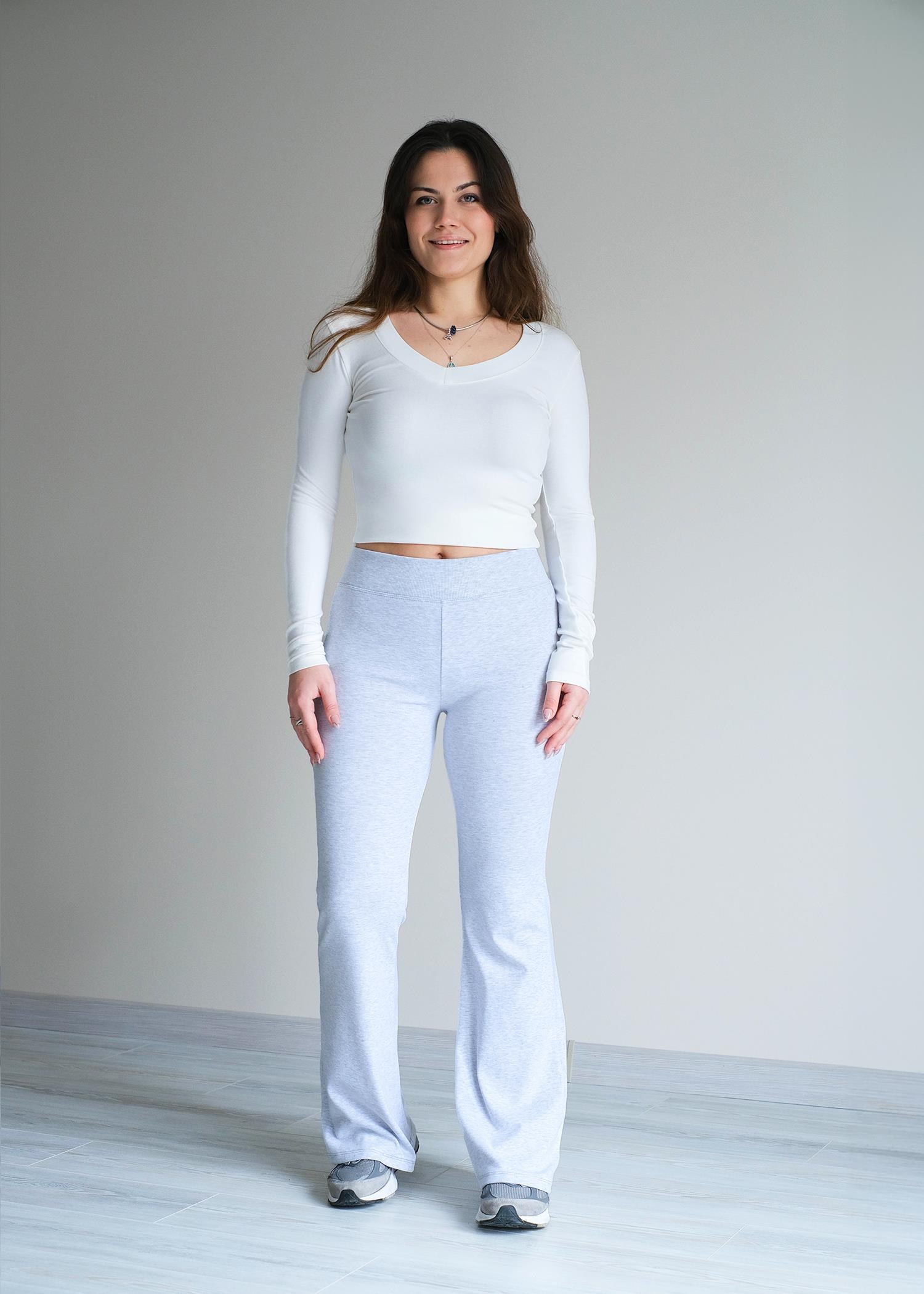 İspanyol Paça Beli Geniş Lastikli Penye Tayt Gri Melange