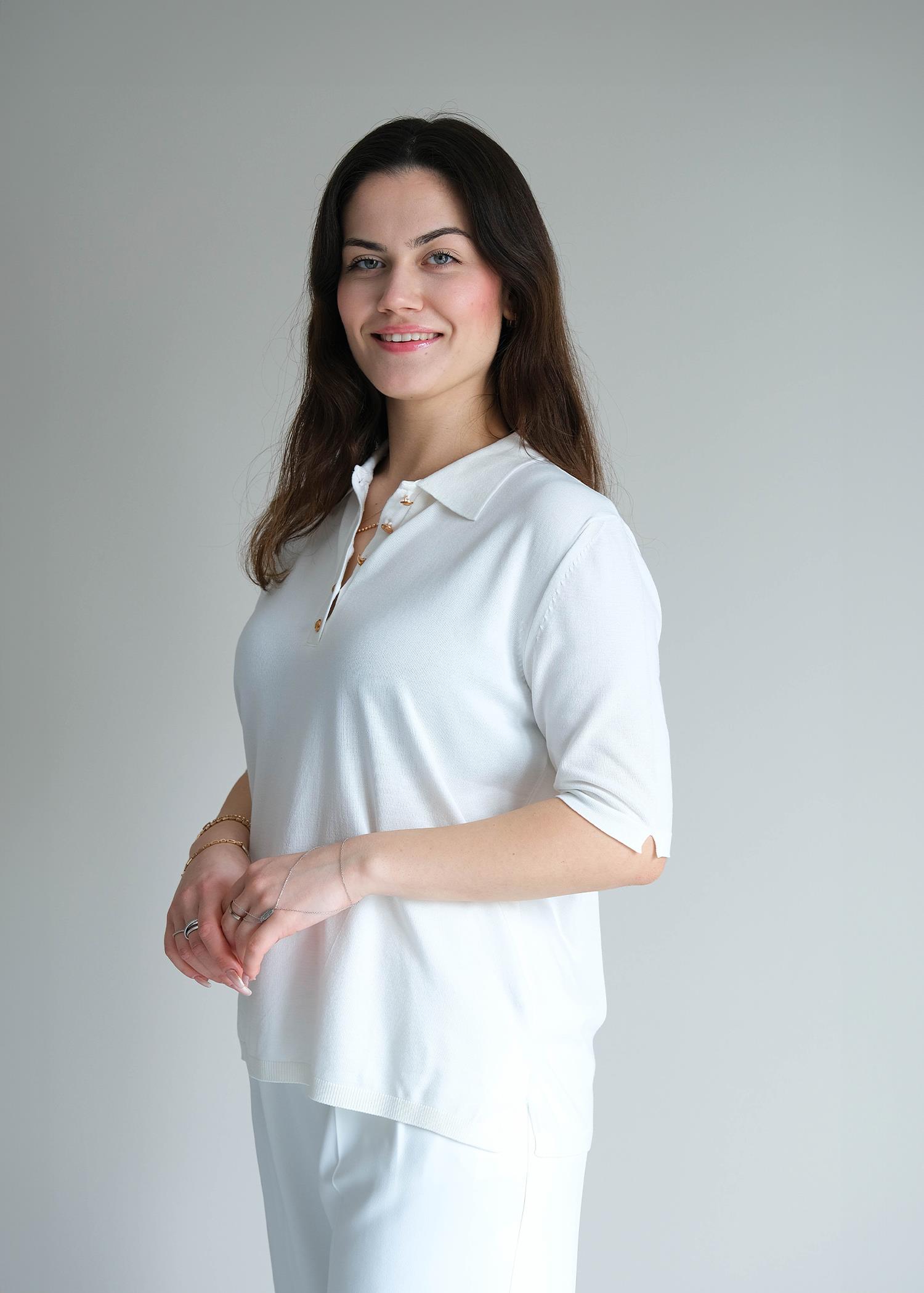 Polo Yaka Düğmeli Kısa Kol Triko Ekru