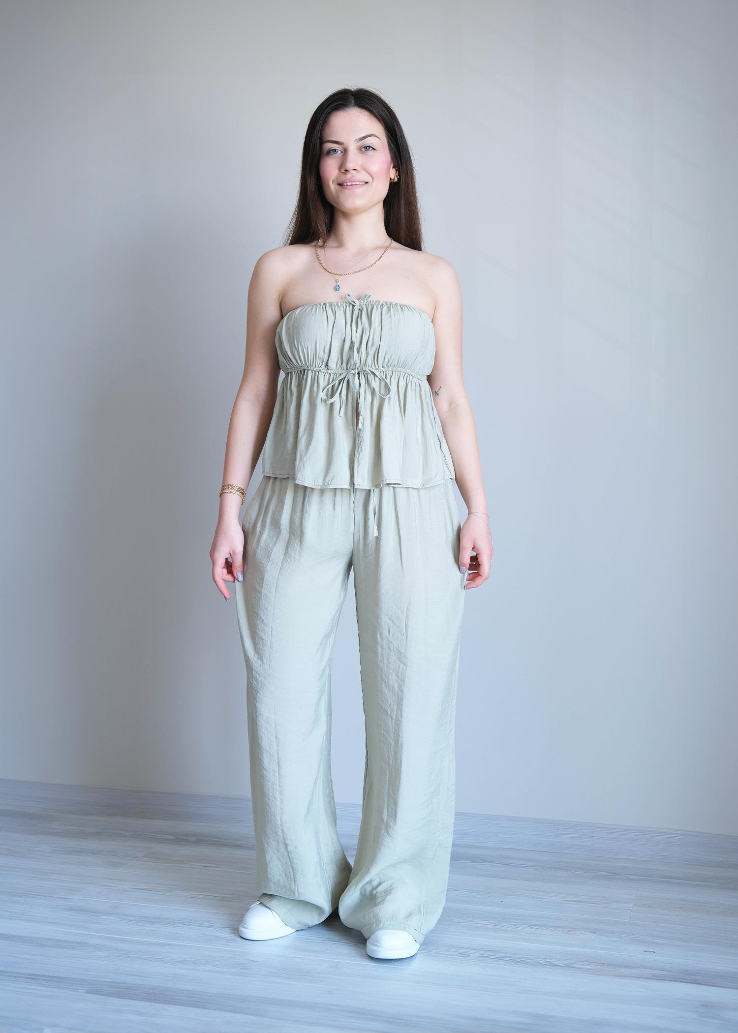 Salaş Straplez Bluz Pantolon Takım Mint