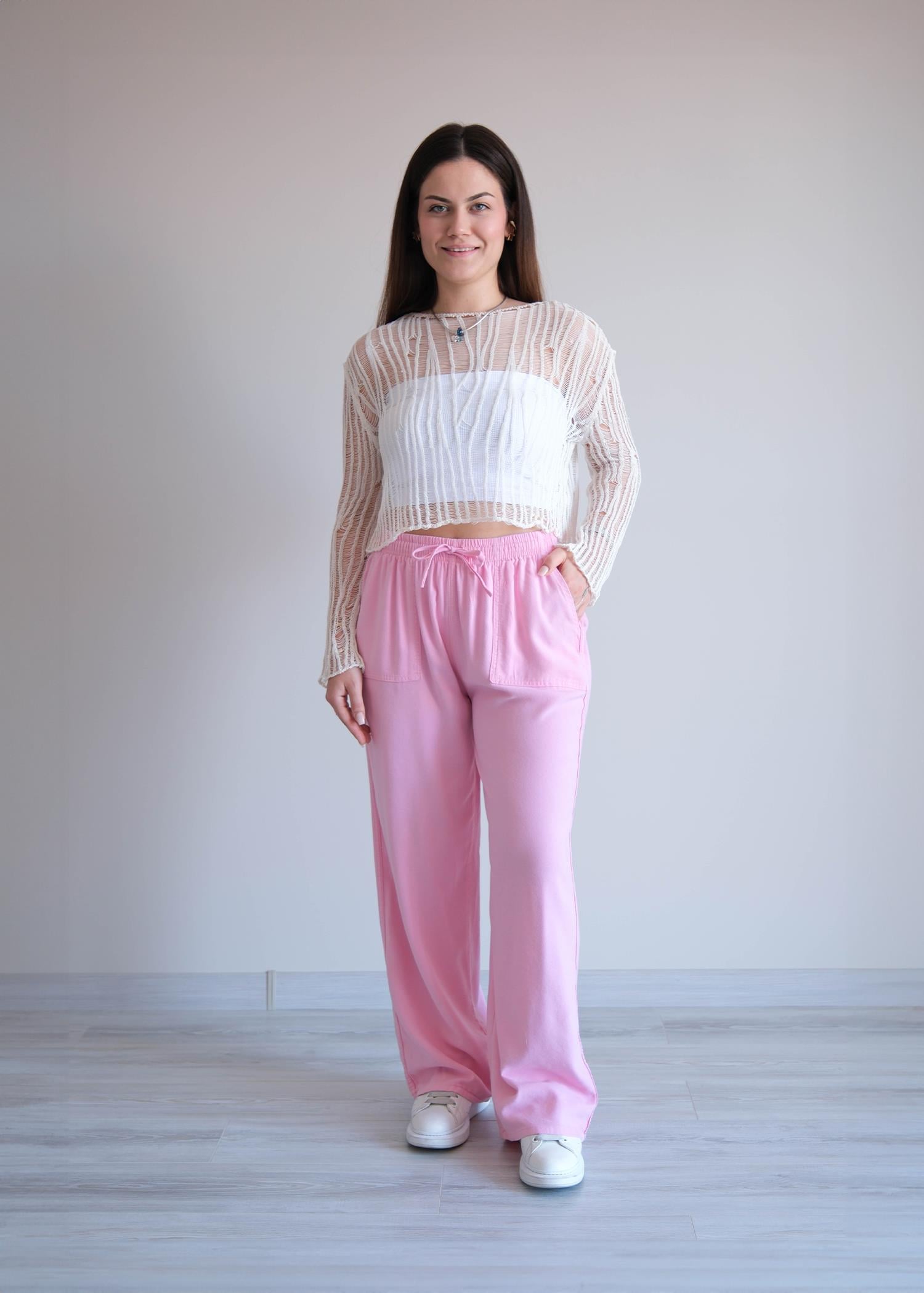 Yüksek Bel Bol Paça Pantolon Pembe