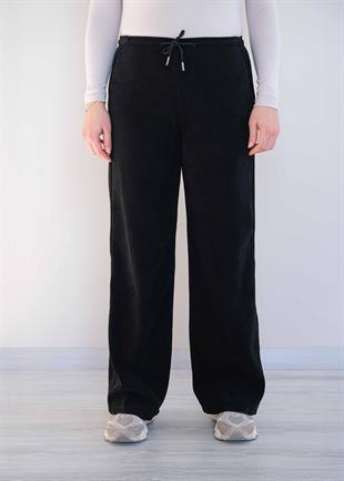 Beli Lastikli Fitilli Kadife Bol Paça Pantolon Siyah