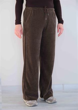 Beli Lastikli Fitilli Kadife Bol Paça Pantolon Kahve