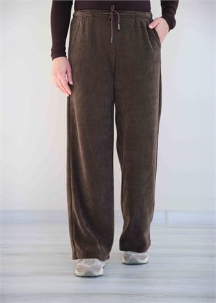 Beli Lastikli Fitilli Kadife Bol Paça Pantolon Kahve
