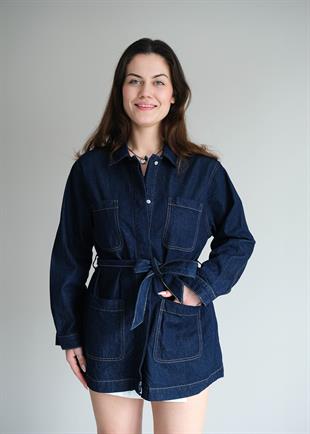 Düğme Detaylı Kot Ceket Lacivert