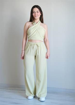 Halter Yaka Bluzlu Takım Sarı