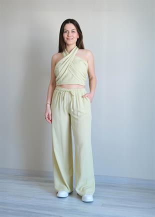 Halter Yaka Bluzlu Takım Sarı