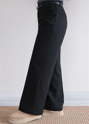 Kemerli Bol Paça Pantolon Siyah