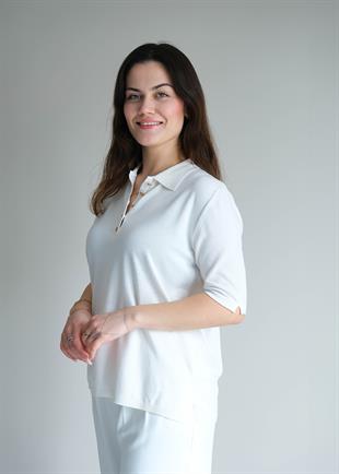 Polo Yaka Düğmeli Kısa Kol Triko Ekru
