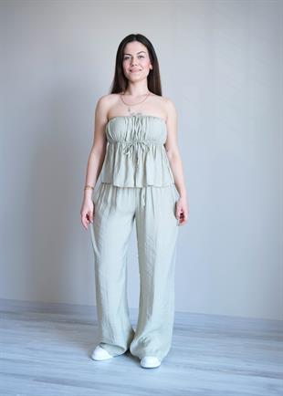 Salaş Straplez Bluz Pantolon Takım Mint