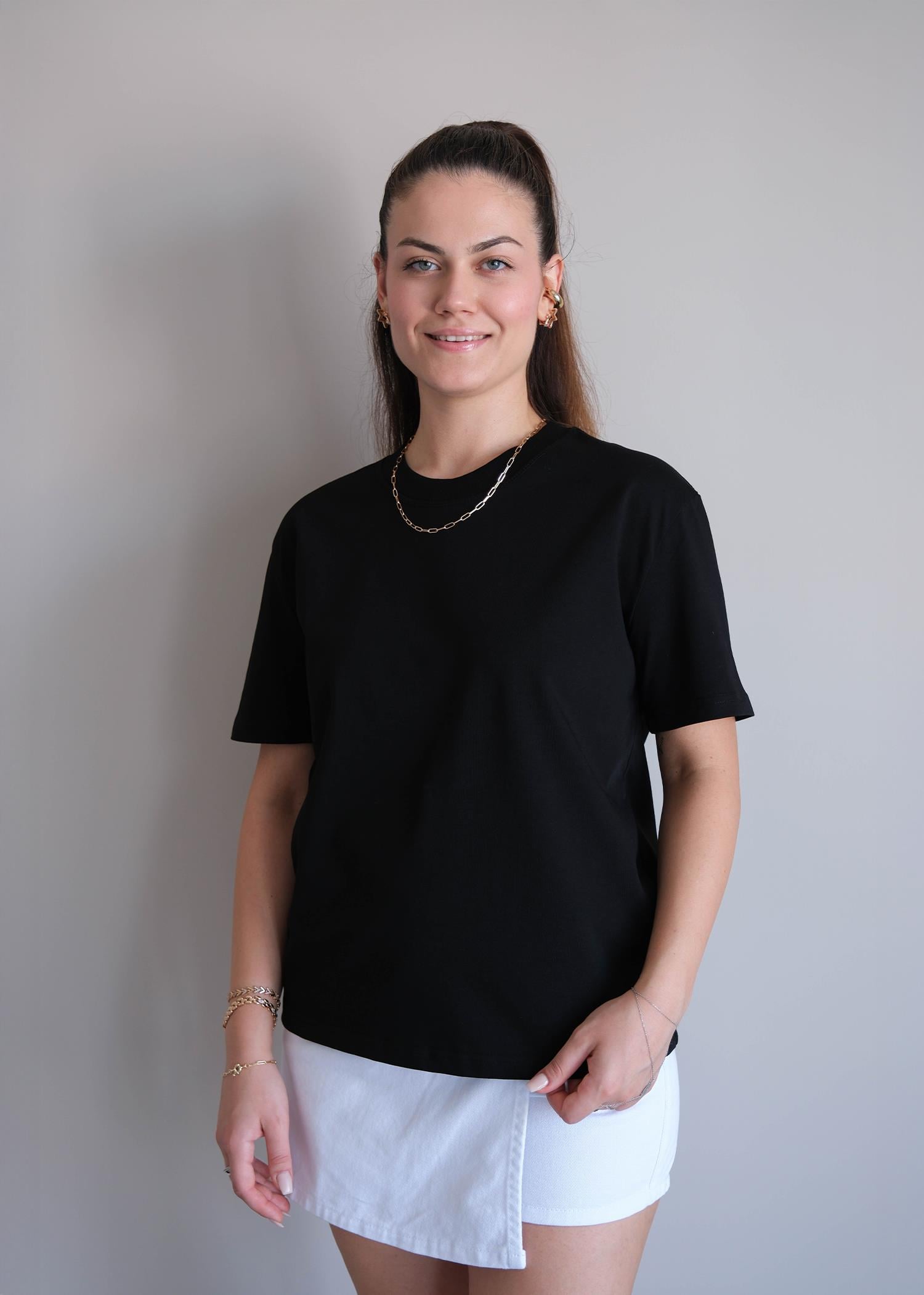 Dekoratif Dikiş Baskılı Tshırt Siyah