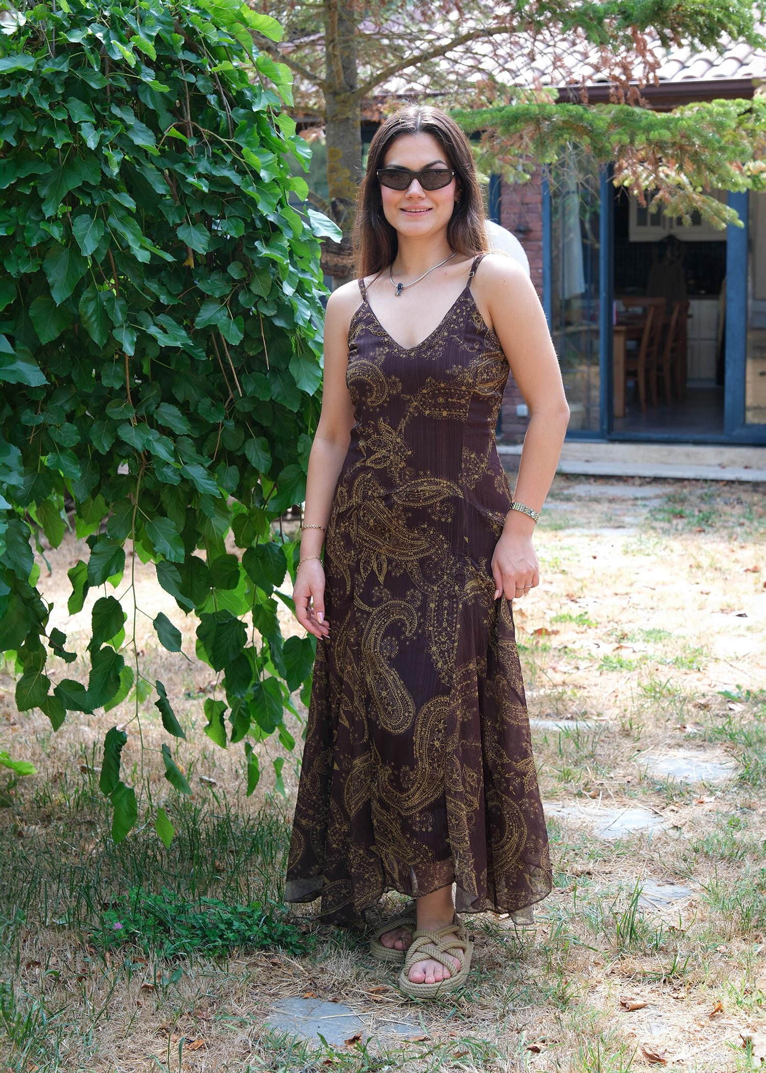 Desenli Şifon Elbise Kahve