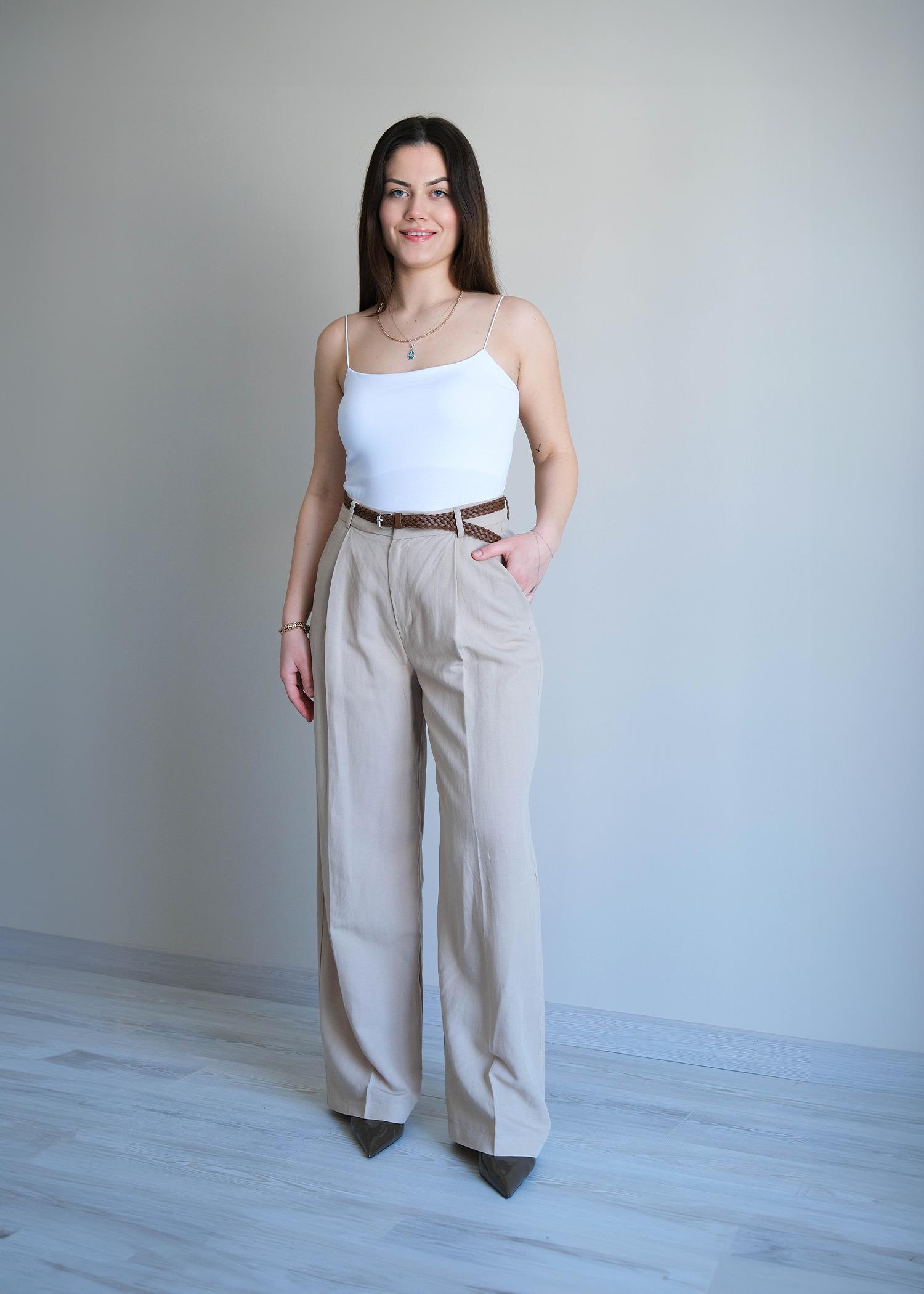 Kemerli Bol Paça Pantolon Bej