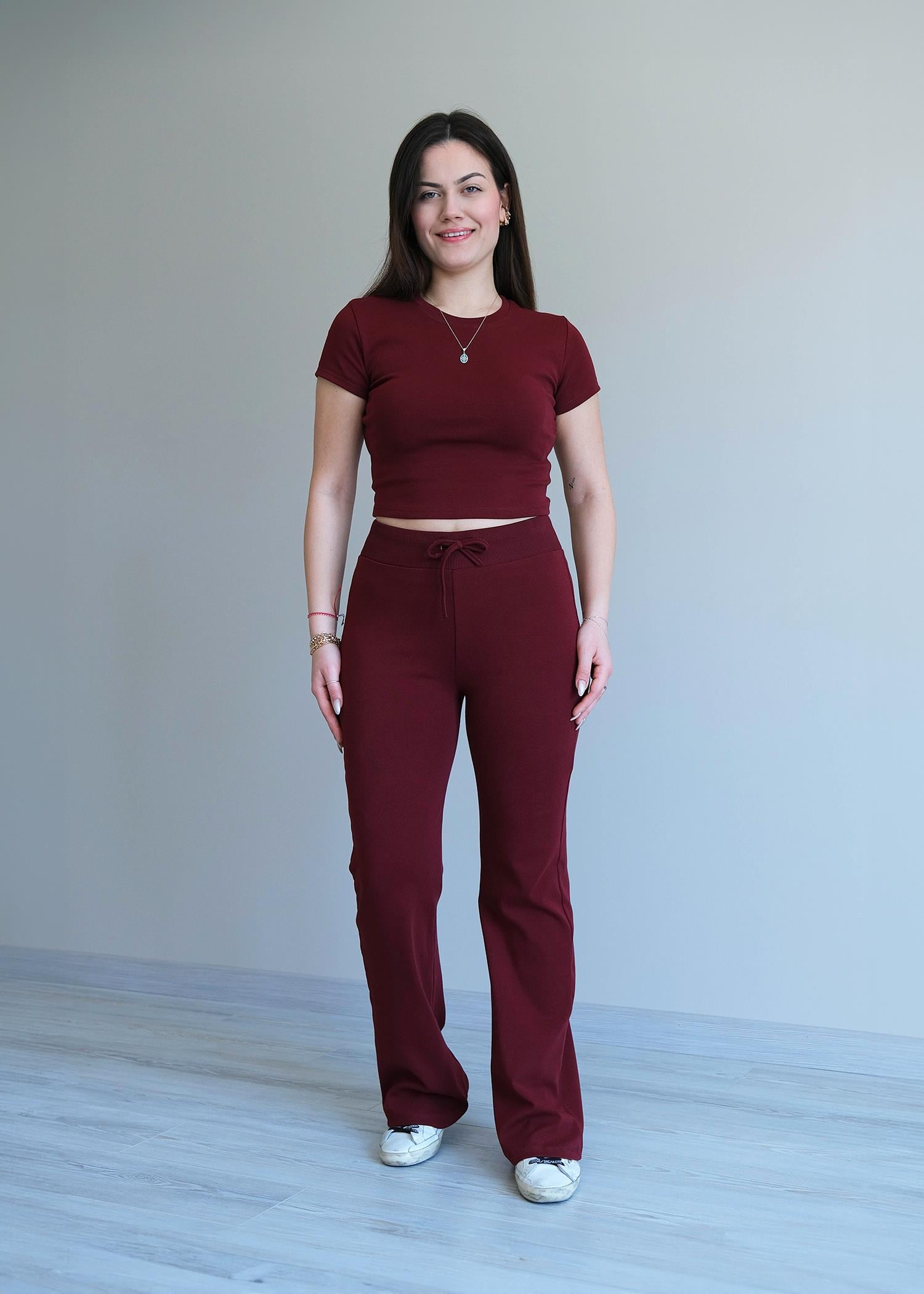 Kısa Kol Bershka Crop Takım Bordo