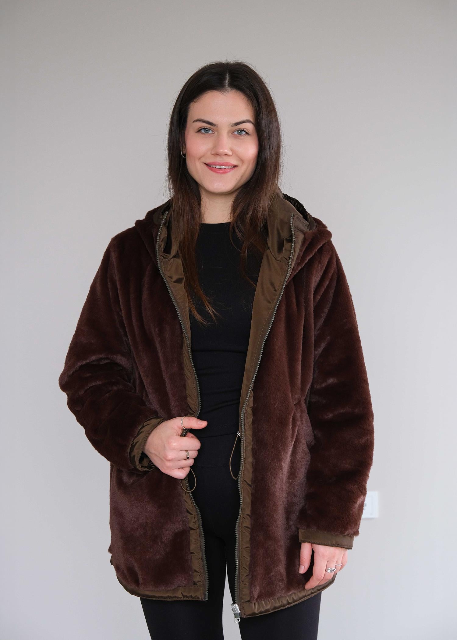 VİOLET Kapüşonlu Kürklü Çift Taraflı Mont Kahve