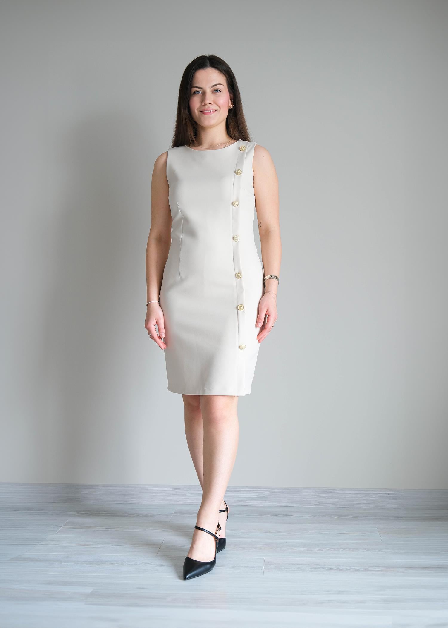 Yan Düğmeli Elbise Bej