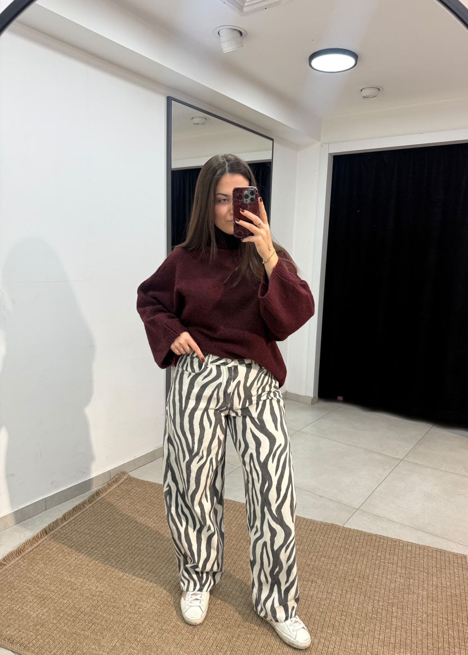 Zebra Desen Baggy Kot Pantolon Siyah-Ekru
