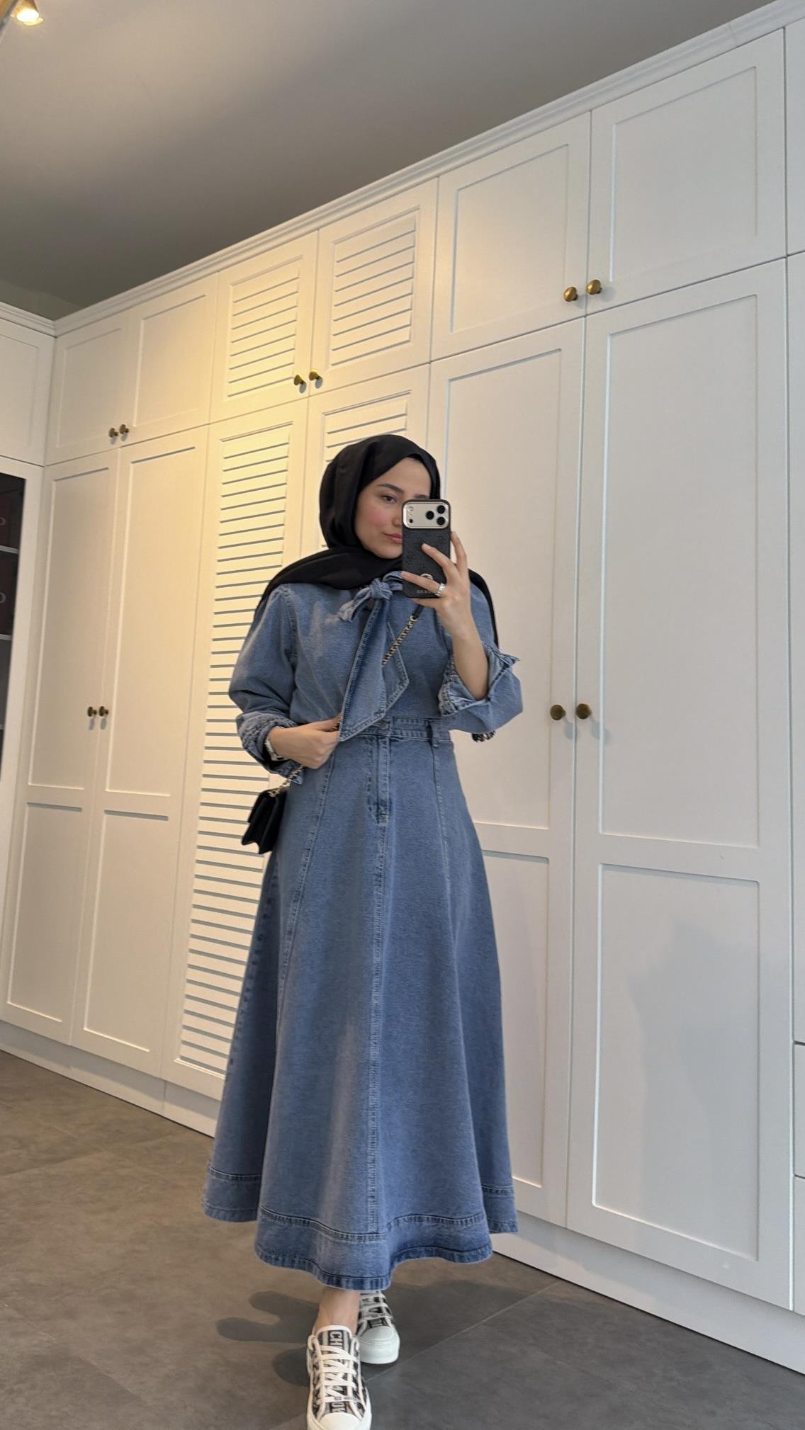 Bağlama Detaylı Denim Etek Takım Kar Yıkama