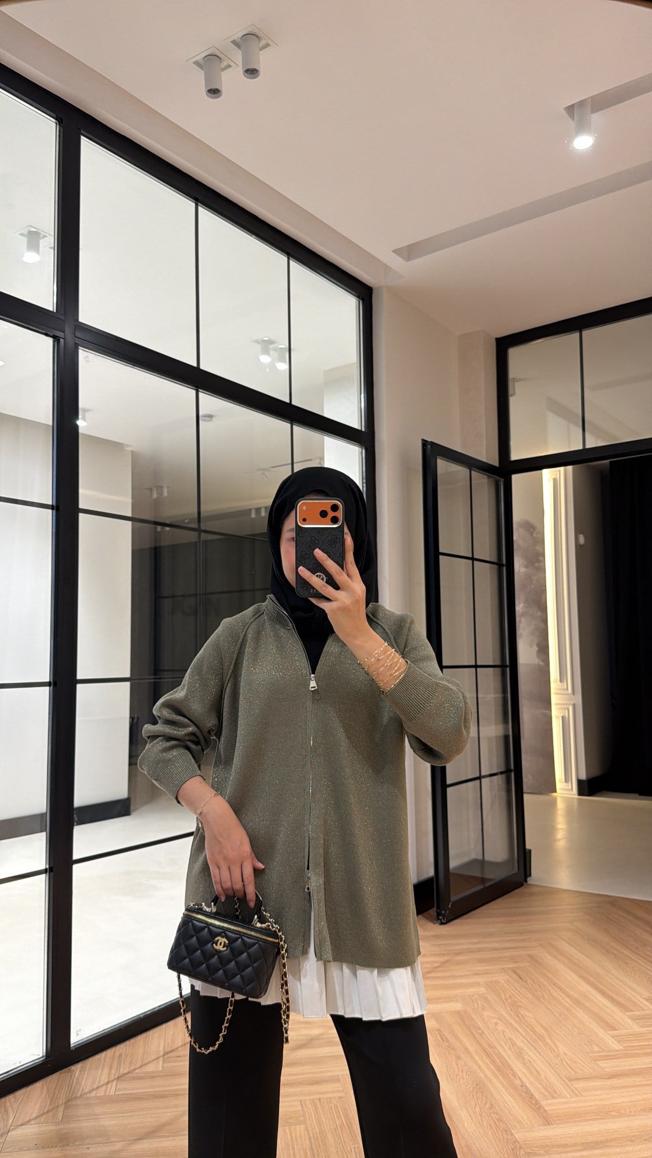 Çift Fermuarlı Simli Merserize Hırka Haki