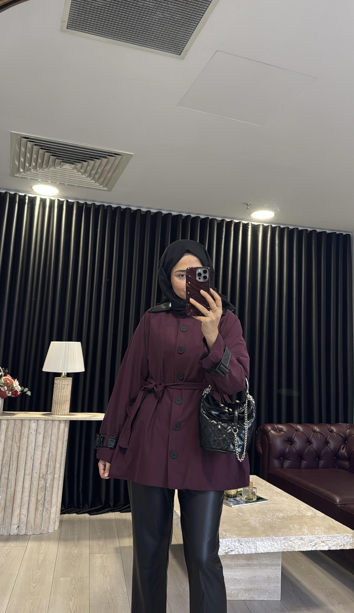 Deri Detaylı Premium Trenç Bordo