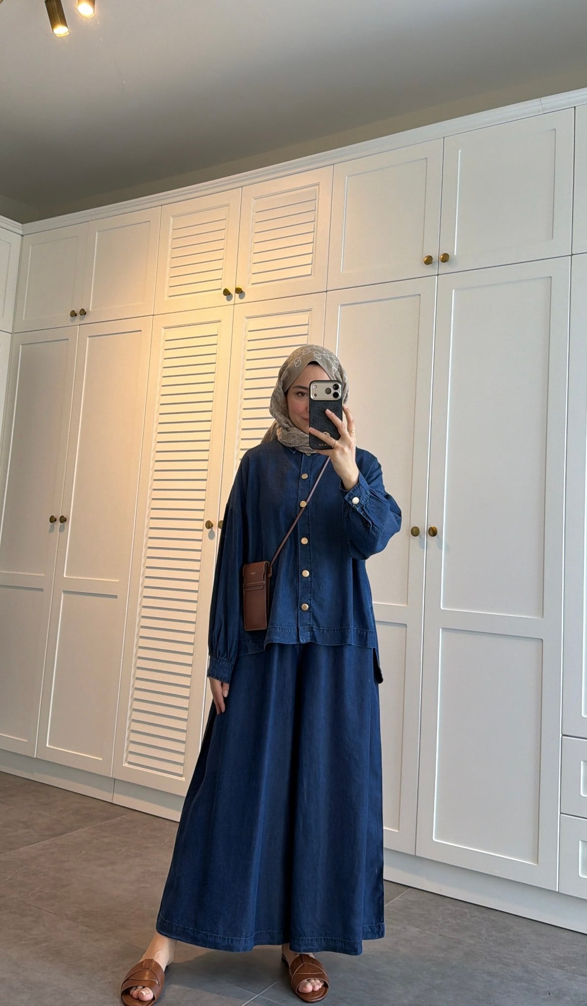 Düğmeli Denim Bol Takım Lacivert