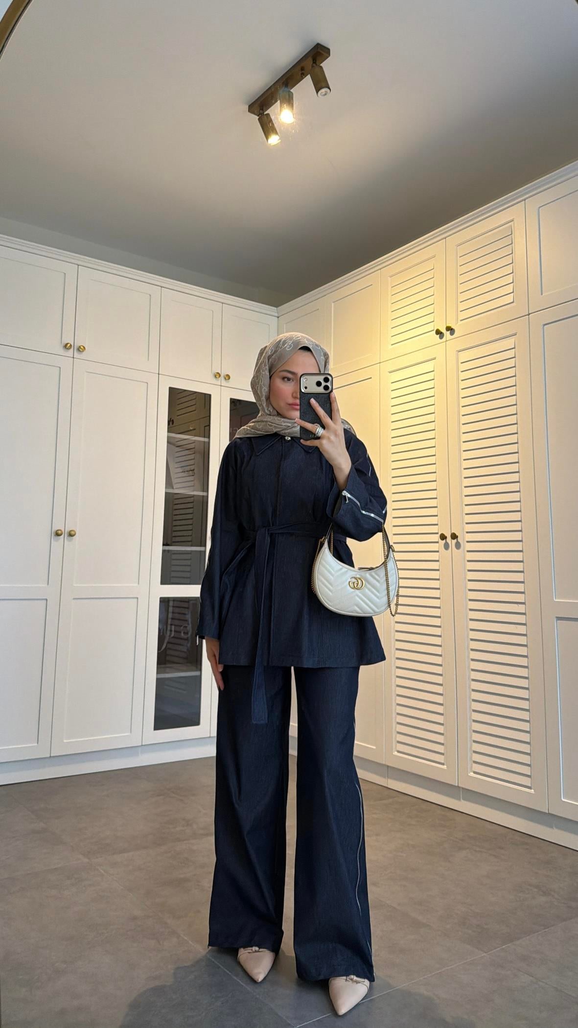 Fermuarlı Denim Takım Lacivert