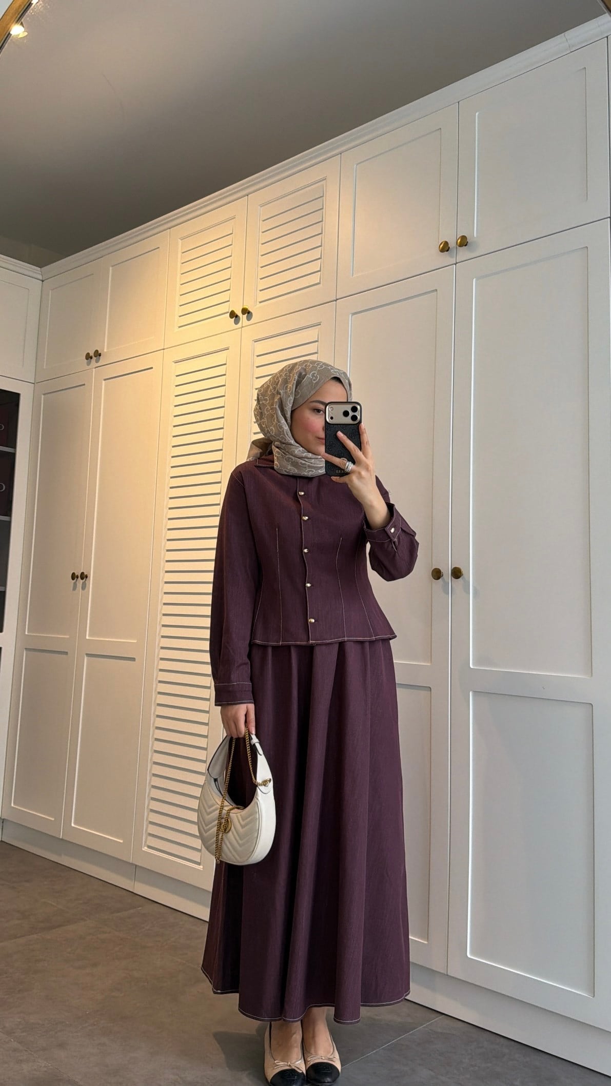 Gold Düğmeli Denim Etek Takım Burgonya